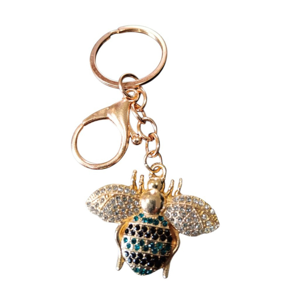 Mint Bumblebee Rhinestone Keychain Purse Backpack Charm in Faux Emeral Onyx Gold